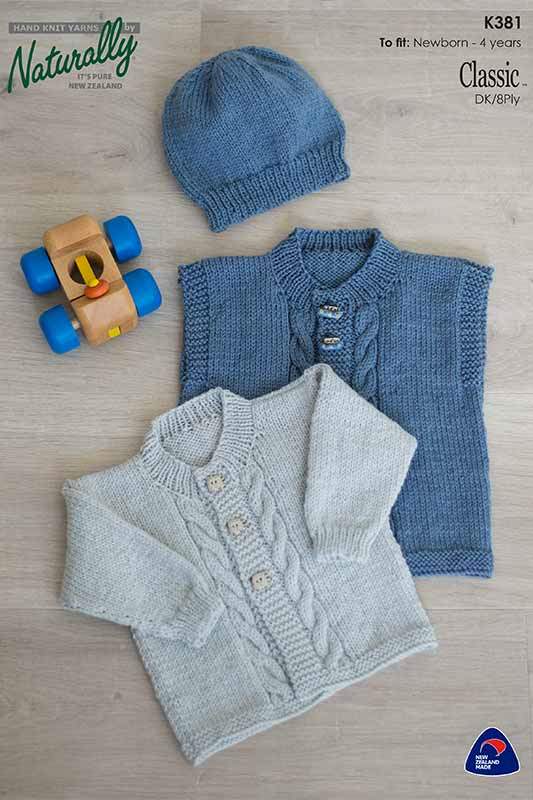 Naturally K381 Cabled Front Cardigan, Vest and Hat in 8 Ply